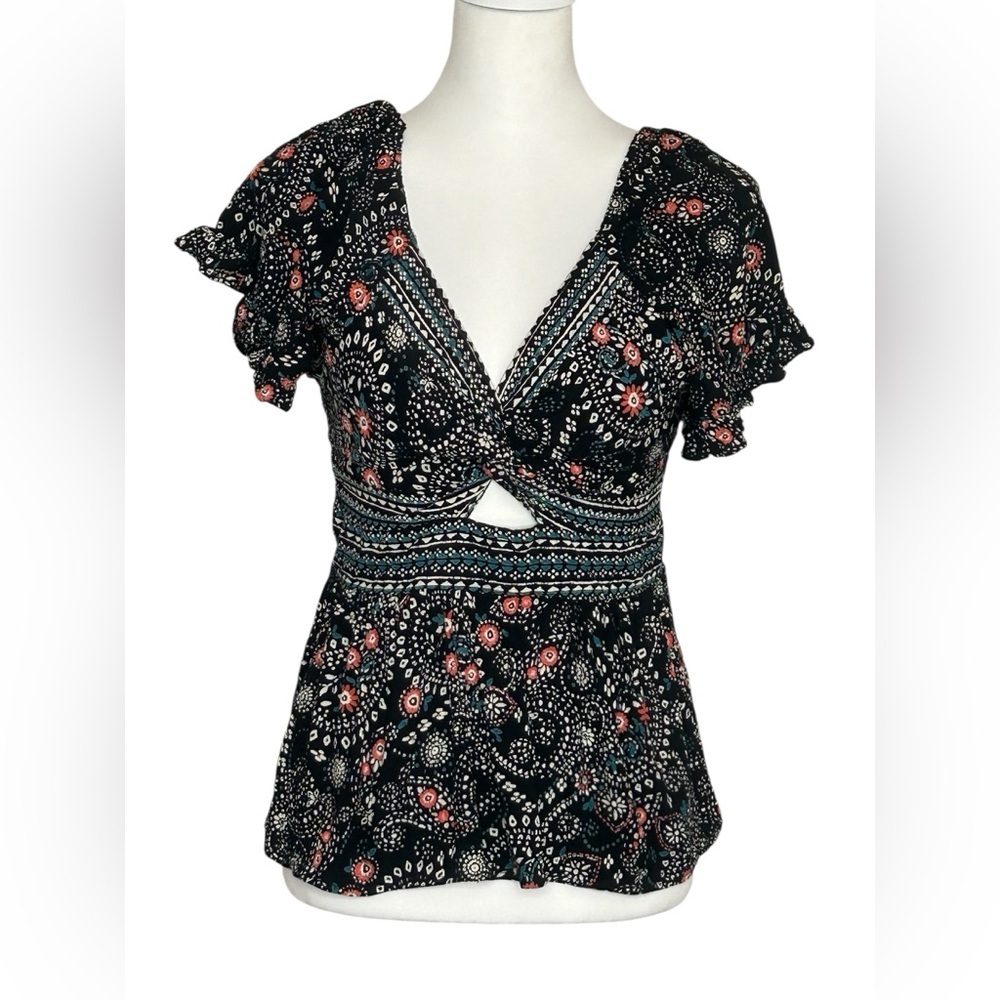 Mi ami twist front Blouse keyhole cutout ditsy print sz L boho Y2K Whimsigoth